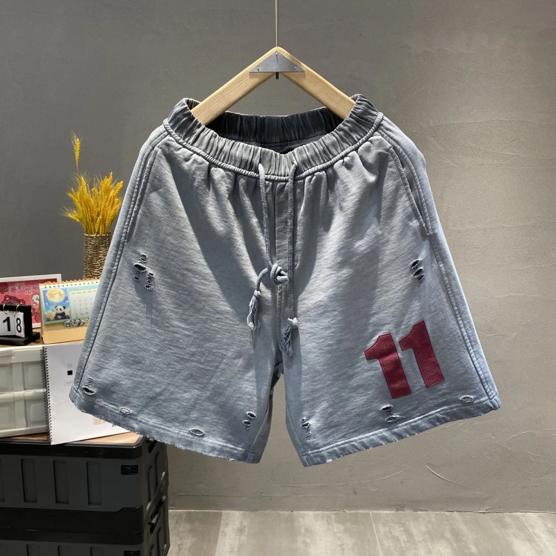 潮牌重磅纯棉做旧破洞短裤男2025夏季新款宽松阔腿休闲直筒五分裤