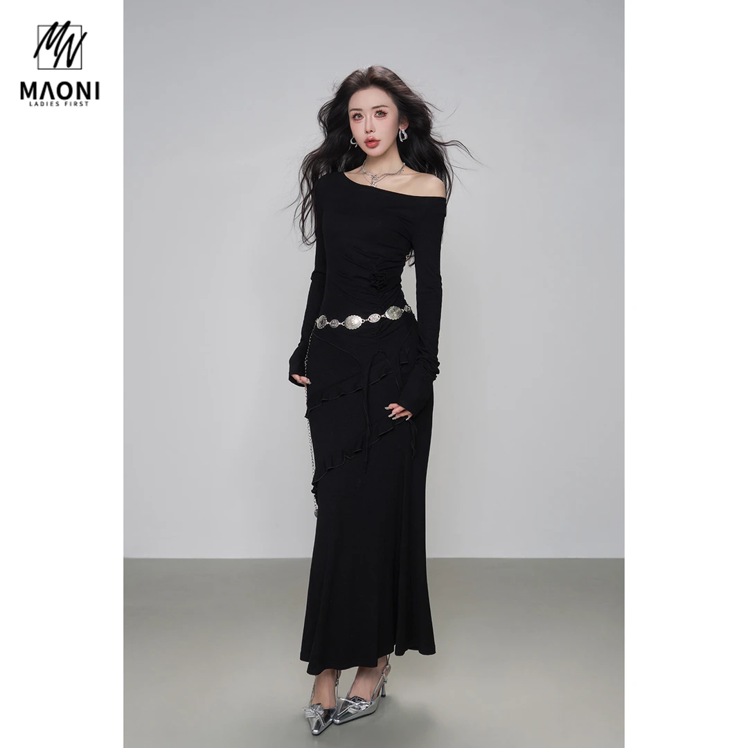 毛妮Peshe【飘带玫瑰花套装】不规则T恤荷叶边包臀裙两件套L1383