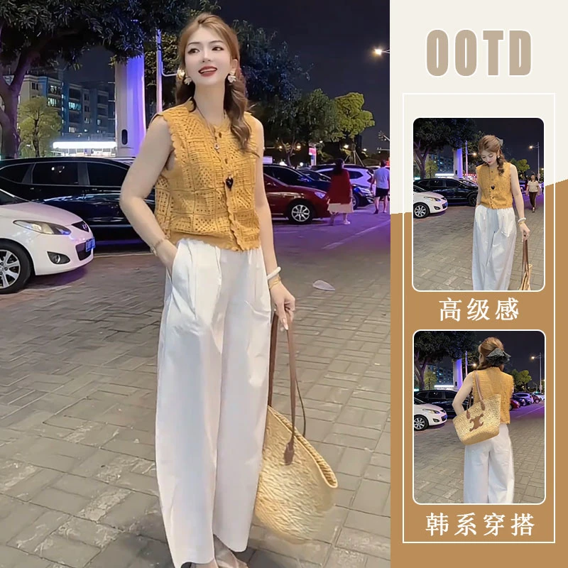 镂空针织开衫女2025新款夏季薄款欧货时尚百搭上衣宽松阔腿裤套装