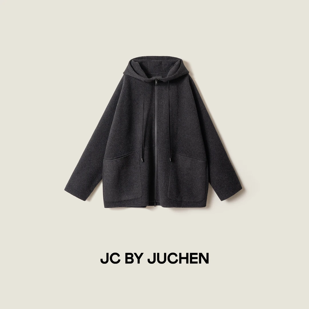 黑标线“共生之暖”北欧风手工剪裁双面羊毛连帽毛呢外套 FW074984