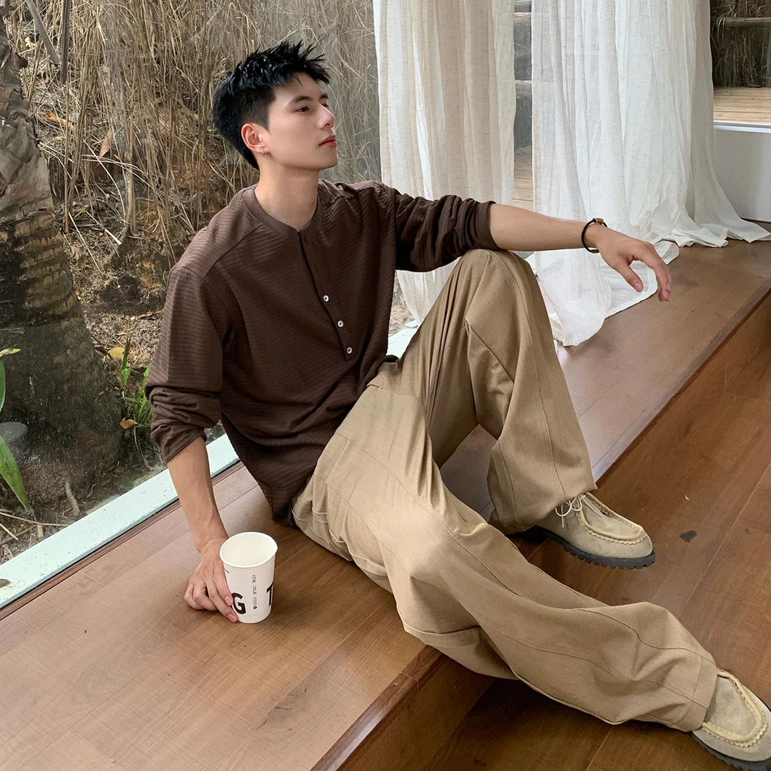 Holocene美式潮牌老钱风贵气亨利领长袖T恤男休闲高级感180886