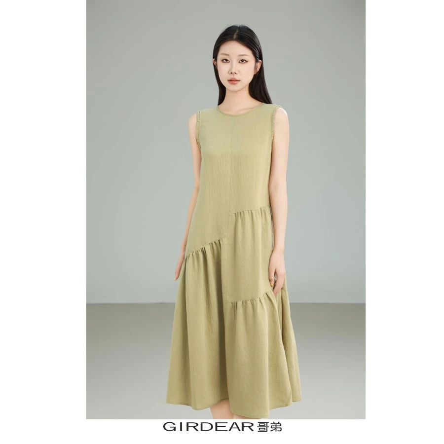 哥弟 新款法式优雅气质长裙慵懒简约不规则轻奢无袖连衣裙150012