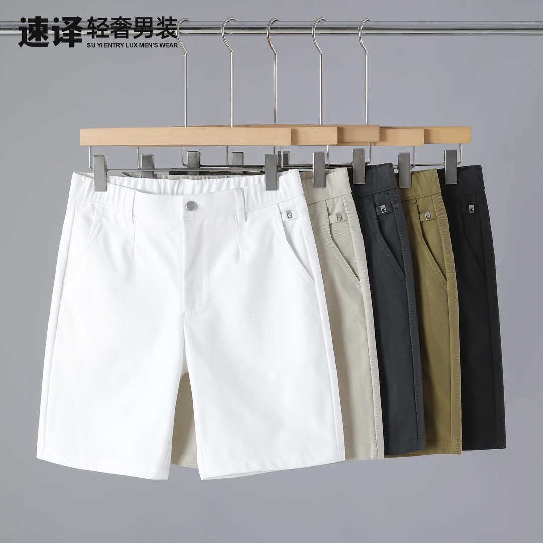 轻奢小标免烫斜纹半松紧腰五分裤夏季修身直筒透气百搭休闲短裤男