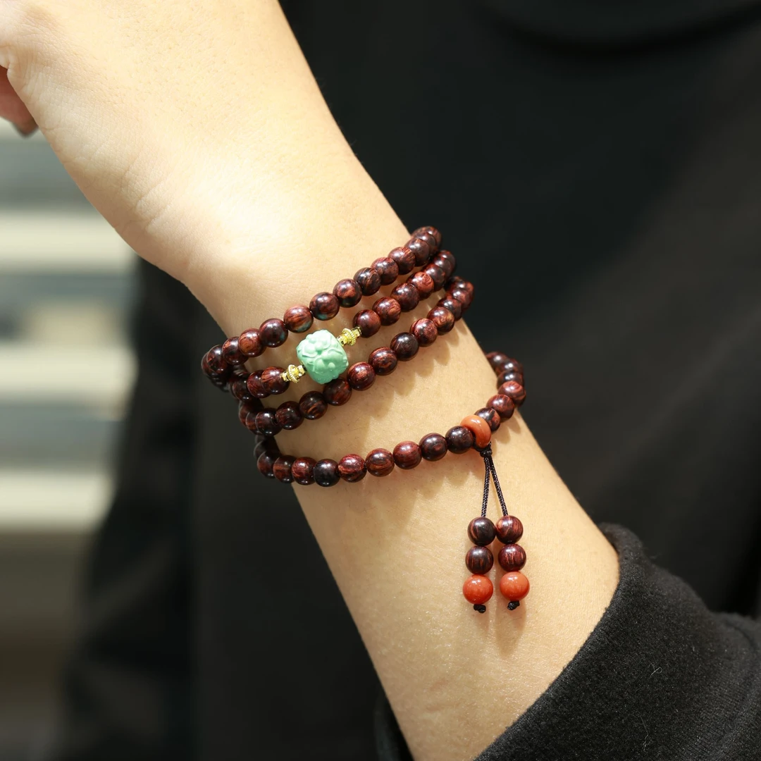 【百晓生】养品 | 海南红降6mm108颗并蒂莲精美多圈手串 女士设计款