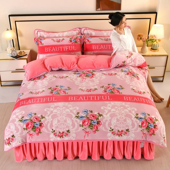 新款加厚牛奶绒四件套重约8-9斤加绒双面绒被套被罩保暖床上用品