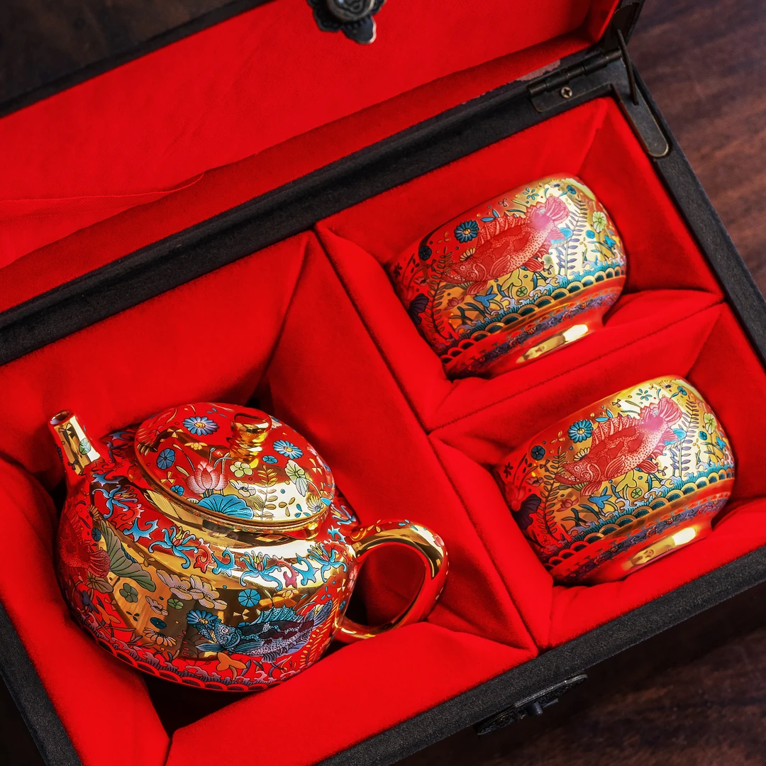 鎏金鱼藻纹一壶二杯茶壶高档茶具送朋友长辈领导老师生日乔迁礼品