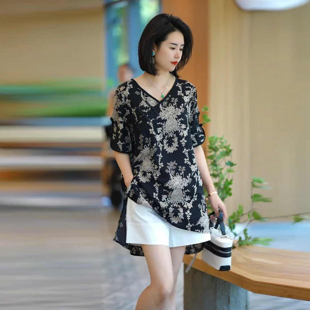 高级感新中式印花时尚衬衫夏季新款百搭大码宽松显瘦气质小衫上衣