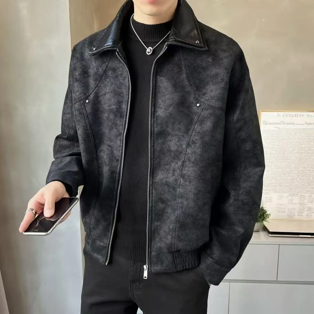 美式复古宽松男皮夹克简约男皮衣百搭秋季春季春秋质感PU韩版耐磨