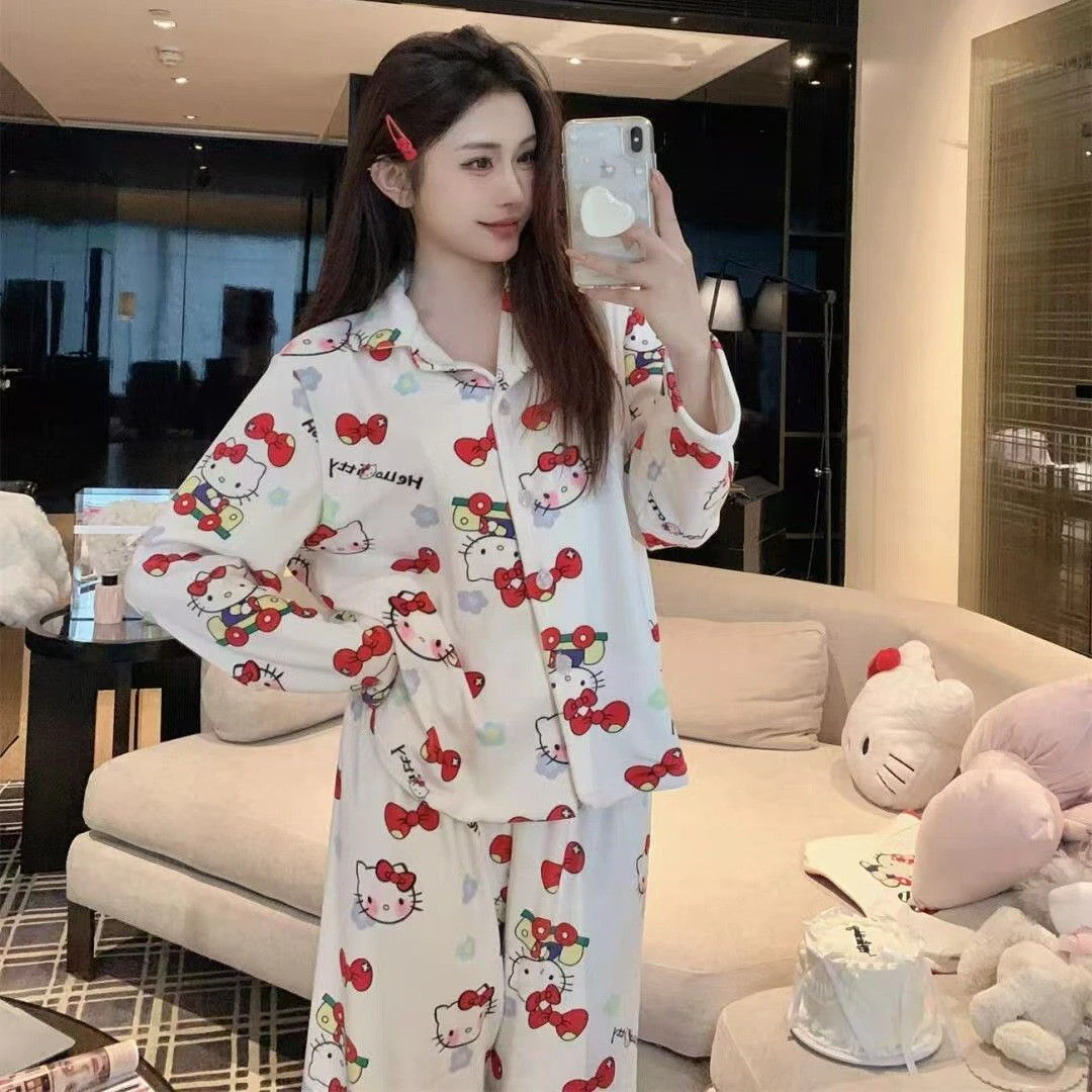 《KT猫》女士秋冬季白色kitty猫卡通宽松保暖睡衣家居服套装
