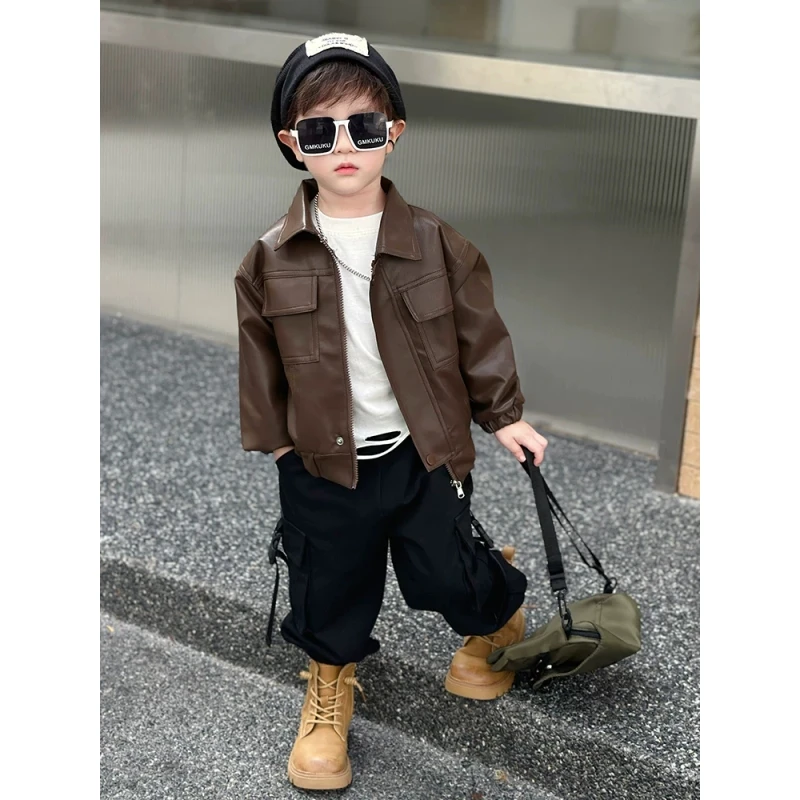 男童春秋皮衣外套2025新款帅气时髦宝宝洋气春装儿童炸街夹克潮衣
