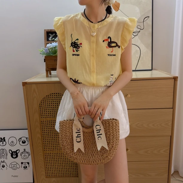 YY Earning BiIIions 夏季无袖薄款刺绣宽松型衬衫上衣990110
