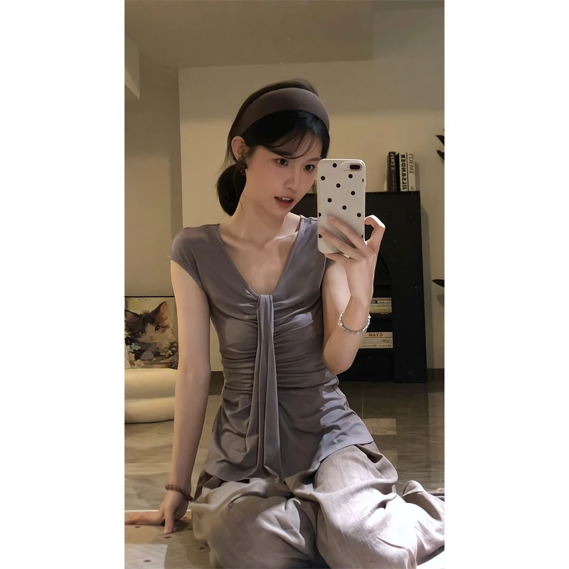 夏季V领气质正肩T恤修身短袖显瘦上衣夏装宽松休闲垂感阔腿裤套装