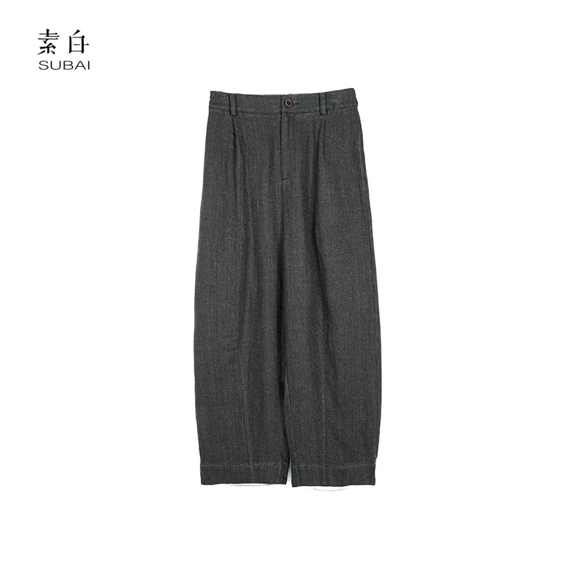 素白【松弛感】春季亚麻棉撞色小个子时尚灯笼休闲裤SB3240593081