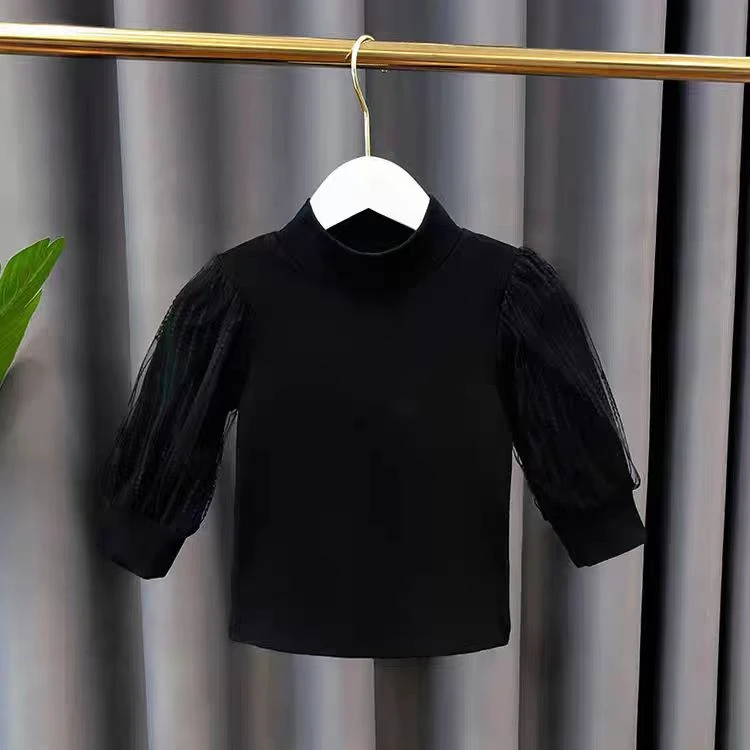8670女童t恤秋冬童装纯色长袖打底衫宝宝泡泡袖儿童内穿上衣
