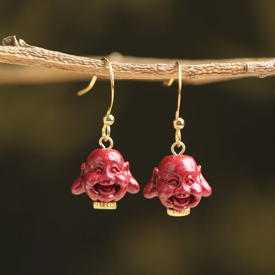 含辰砂工艺品笑脸佛国潮国风手工DIY女款耳钩耳饰