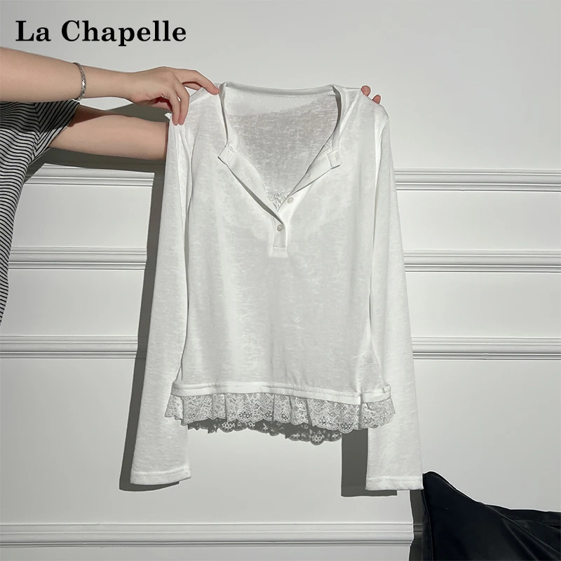 拉夏贝尔圆领蕾丝花边假两件防晒罩衫长袖T恤女初秋薄款微透上衣