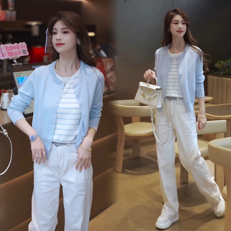 撞色假两件针织衫上衣休闲显腿长直筒牛仔裤套装女开春穿搭一整套