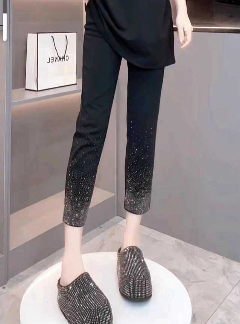 满天星重工烫钻高腰高弹修身显瘦松紧腰烟管裤