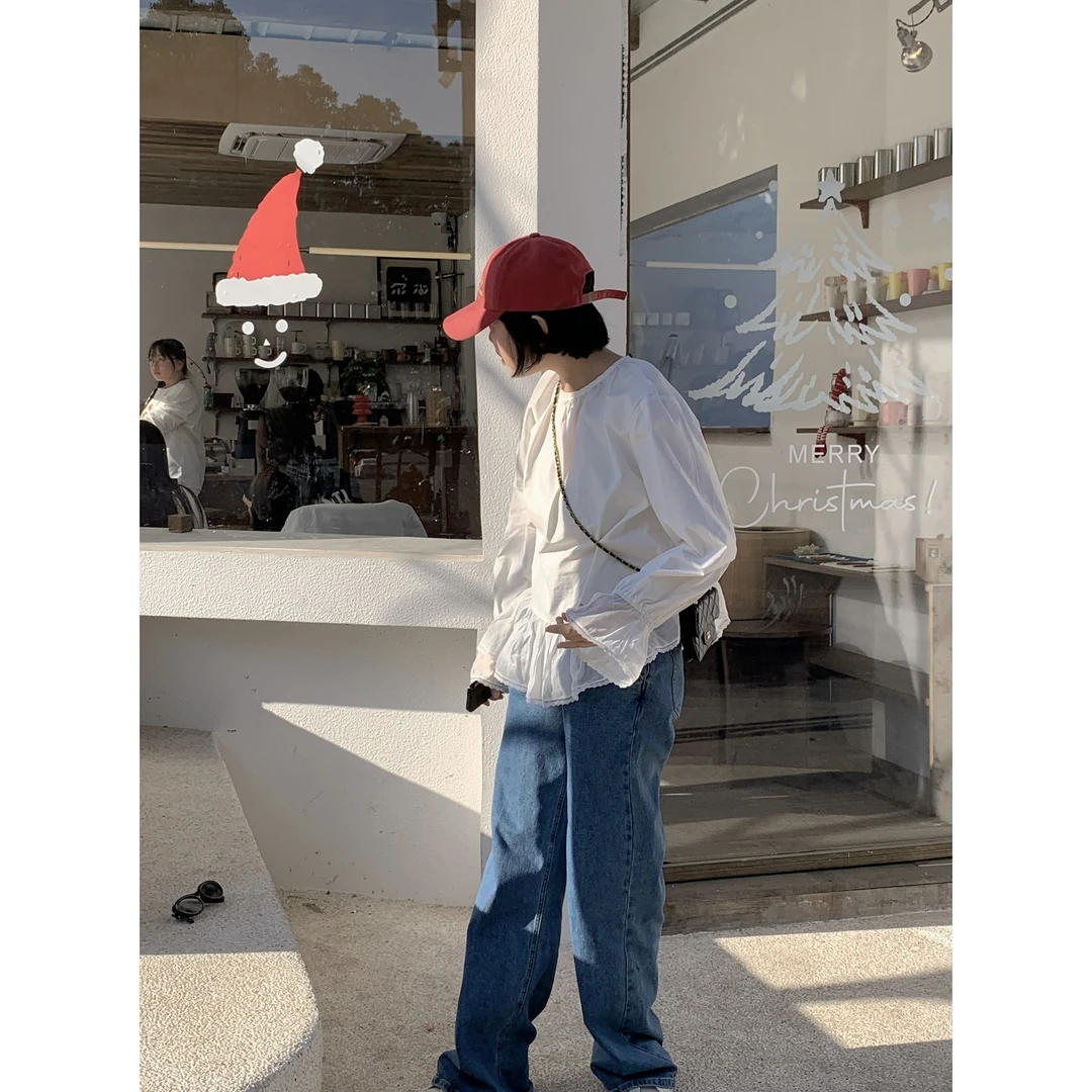 Tothend--“春日慢人”浪漫花边白衬衫四季百搭小众韩系减龄衬衣