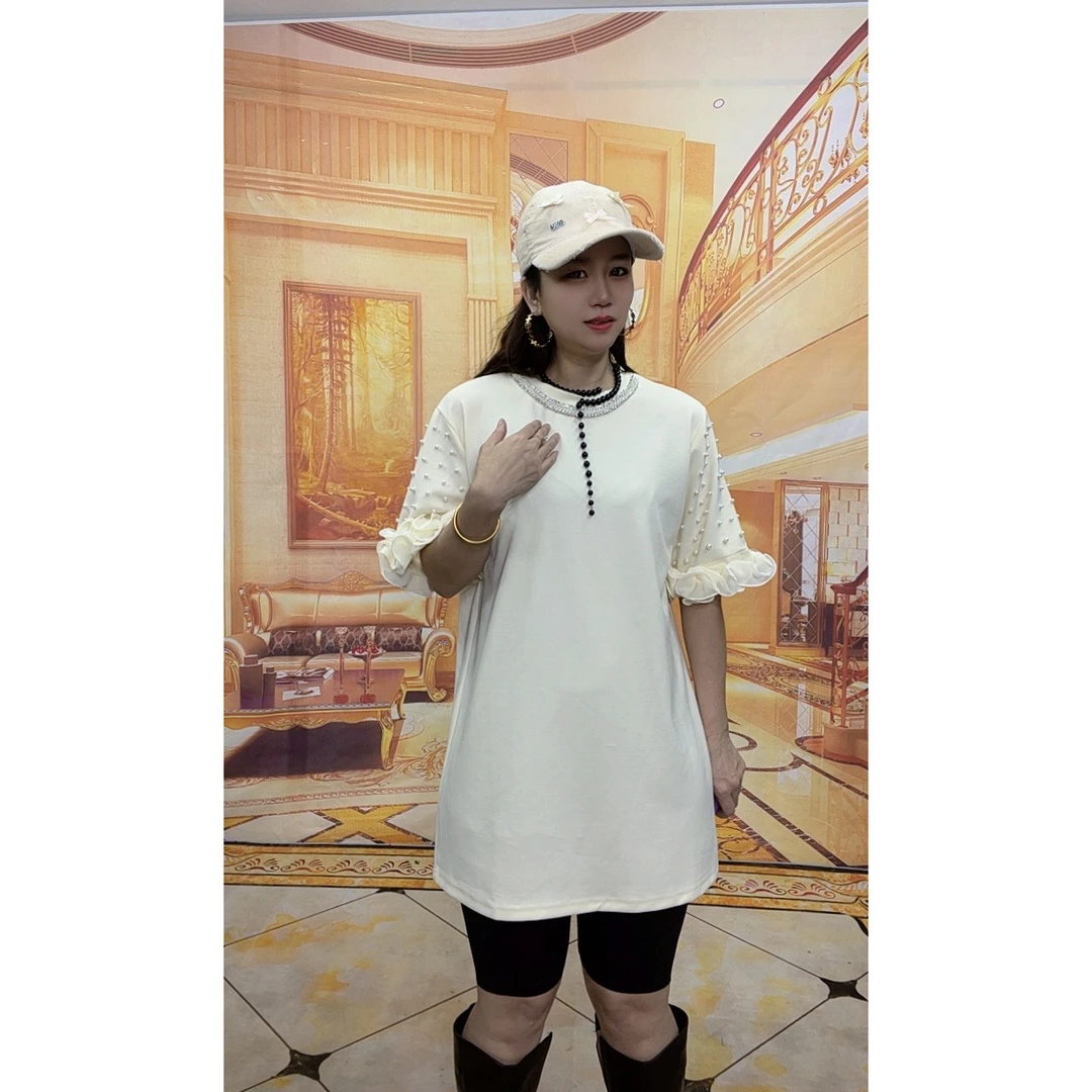 58916夏季新款重工钉珠拼接花边袖气质显瘦休闲宽松短袖女