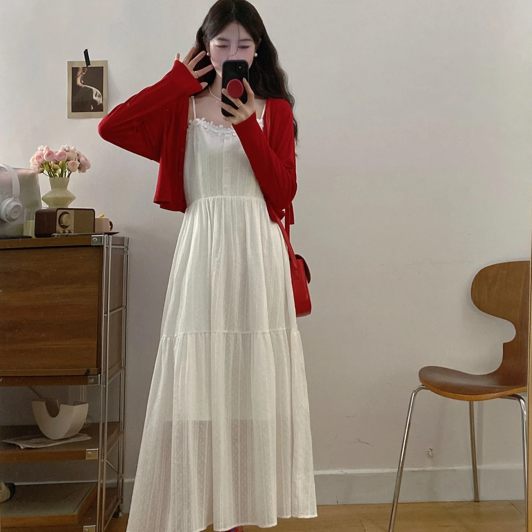 大码女装微胖mm欧若风穿搭法式掐腰吊带裙开衫套装