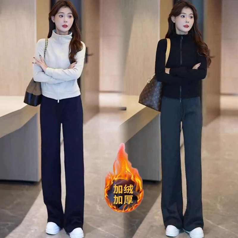 加绒保暖休闲套装女2025冬季新款洋气显瘦开衫卫衣运动裤两件套潮