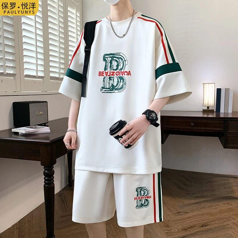 休闲运动套装男夏季冰丝t恤短袖短裤两件套男生一套帅气搭配衣服T