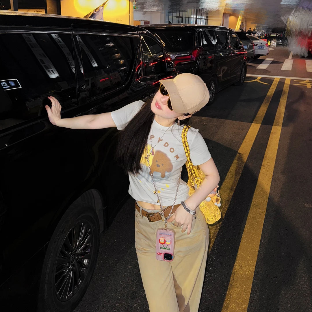 PM王囡囡 白色圆领贴贴小狗头图案印花短袖T恤 ND1C1443