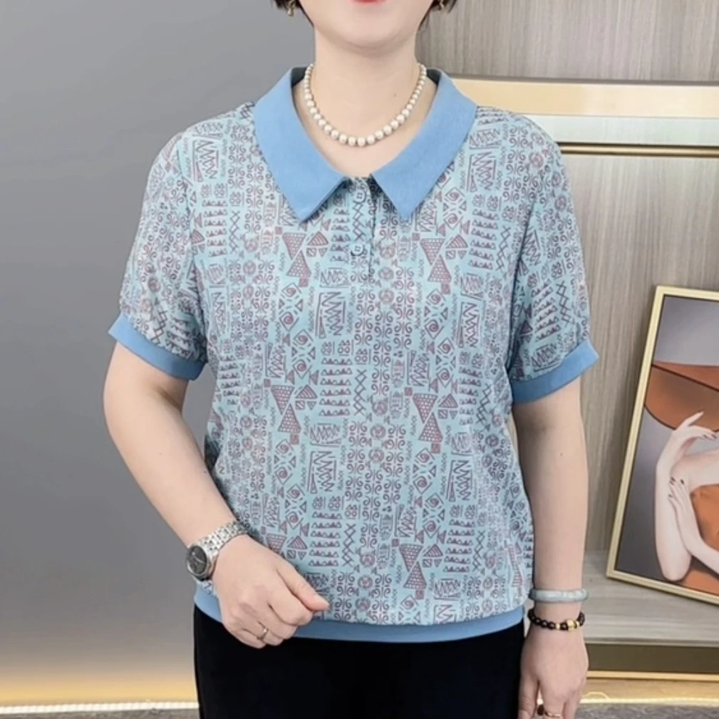 夏季新款时尚娃娃领印花气质妈妈装宽松显瘦休闲百搭短袖H7528