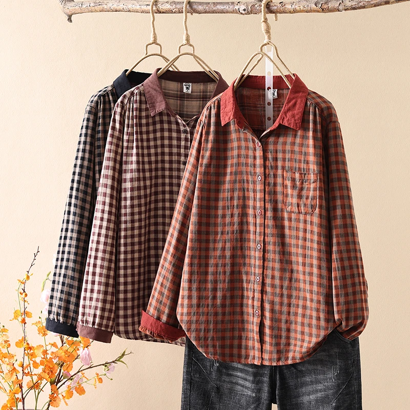 2025春季新款纯色领格子棉纱衬衫休闲气质减龄文艺长袖衬衫85211#