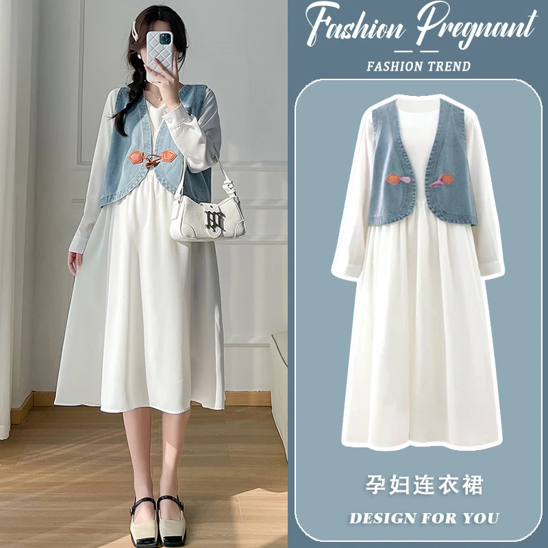孕妇连衣裙套装时尚洋气时髦牛仔马甲两件套2025新款春秋中长款女