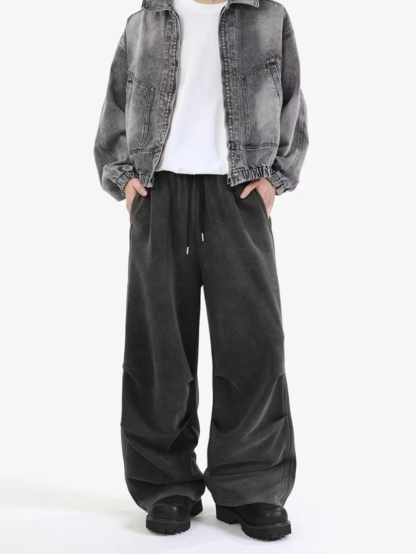 六六 美式做旧水洗休闲卫裤新款高街褶皱设计感宽松直筒阔腿裤