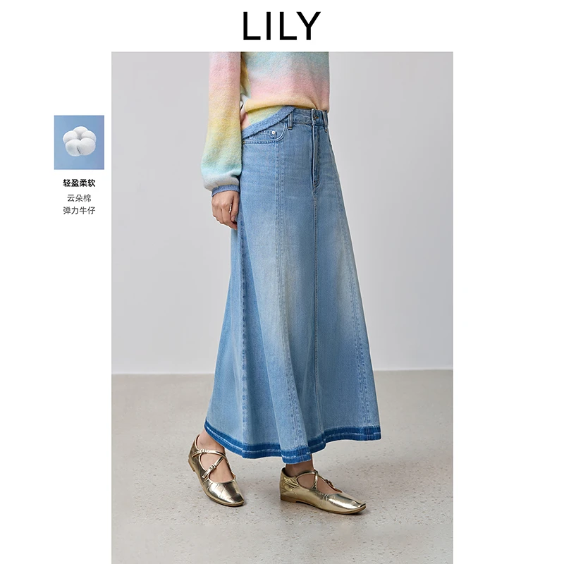 云朵裙LILY2025复古高腰休闲撞色百搭A字牛仔半身裙125129G6903