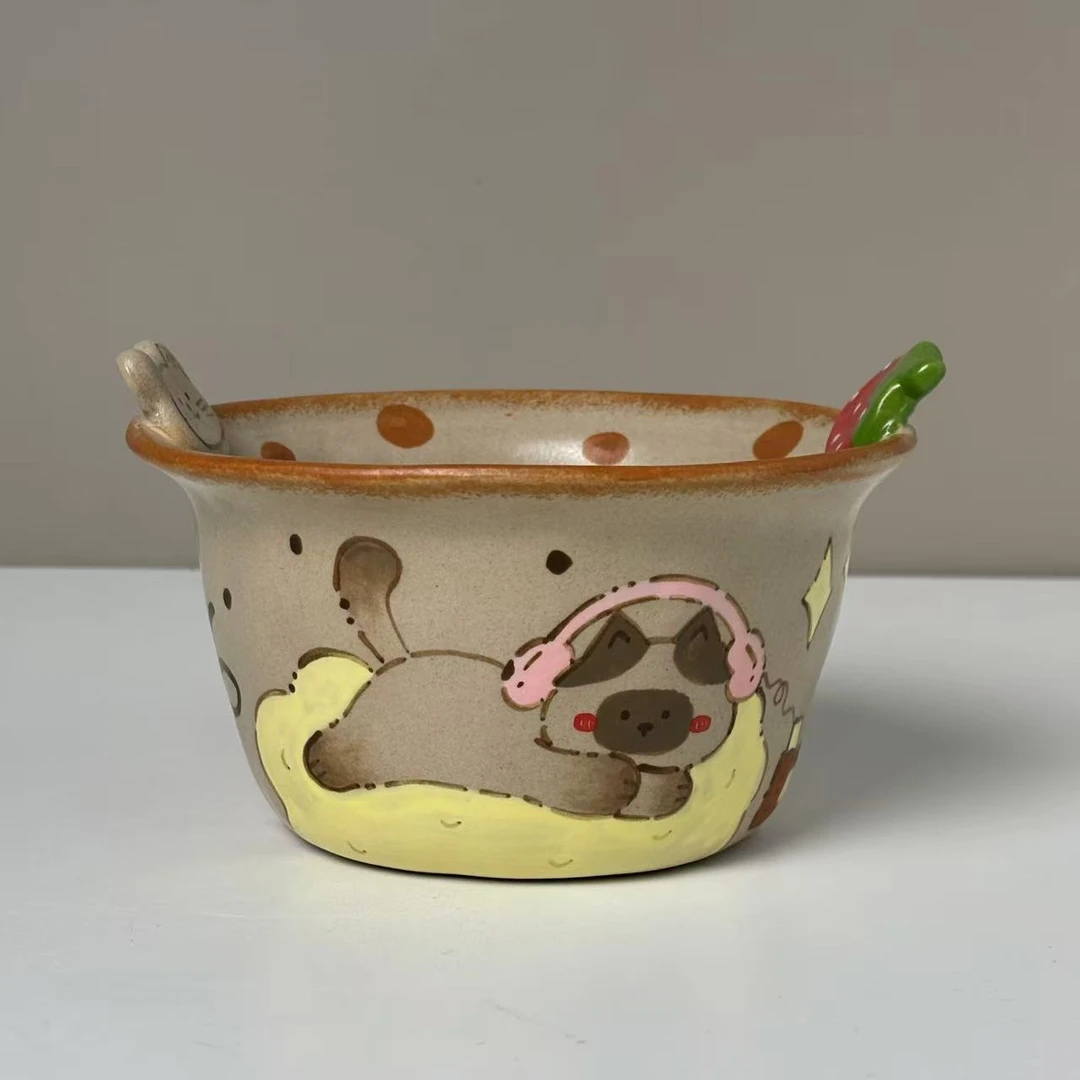 286小猫听音乐草莓双耳泡面碗