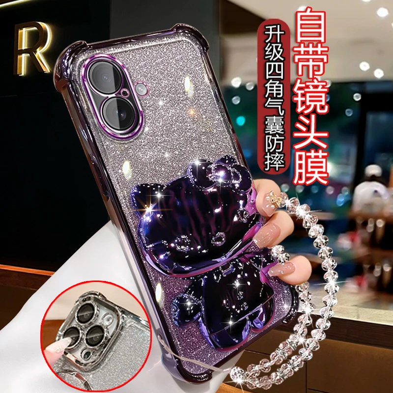 适用苹果16网红手机壳带补妆镜可爱猫咪支架iphone16全包四角防摔