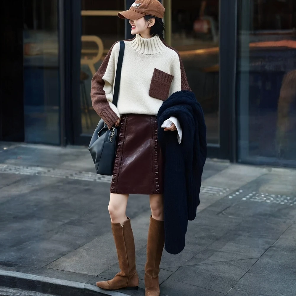 韩系独特超好看套装女26春季新款白色拼接上衣咖色皮质短裙两件套