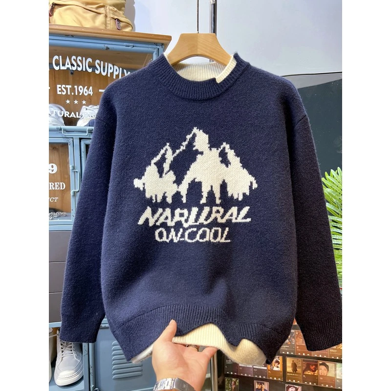 DeweLvum重磅800g加厚假两件拼接圆领毛衣男士新款宽松美式针织衫