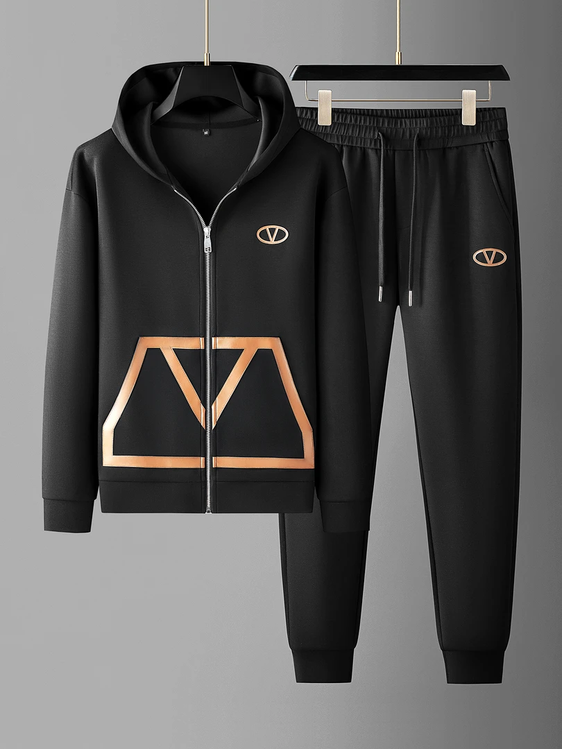 凯邦威克秋季时尚拼皮空气层莫代尔男士连帽卫衣开衫休闲运动套装