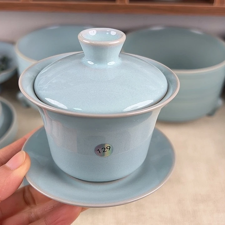 杯子瓷天青釉马蹄三才盖碗微瑕编号129