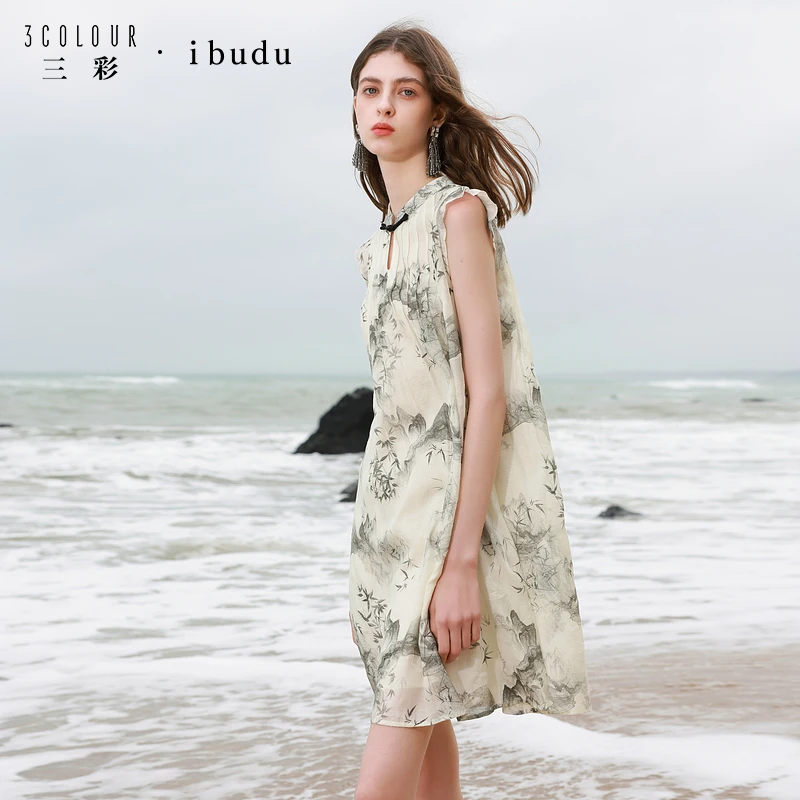 三彩ibudu2025夏季新款新中式轻国风连衣裙印花短款小A裙女