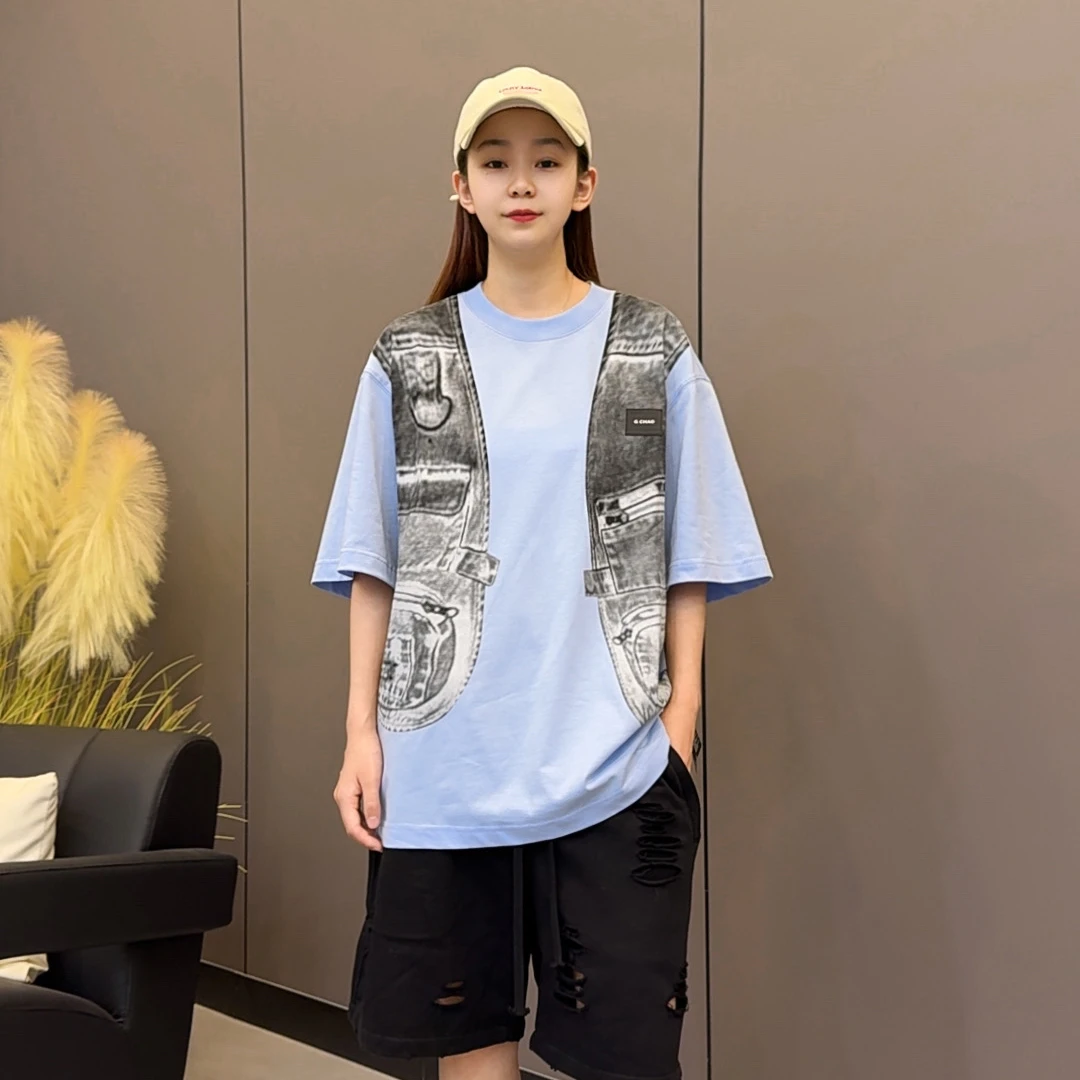 重磅夏季假两件印花情侣半袖小众设计复古洗水手工磨破短袖T恤男