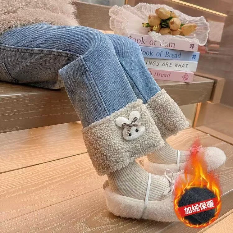 女童加绒牛仔裤冬款儿童洋气加厚一体绒直筒裤子宝宝冬季休闲裤