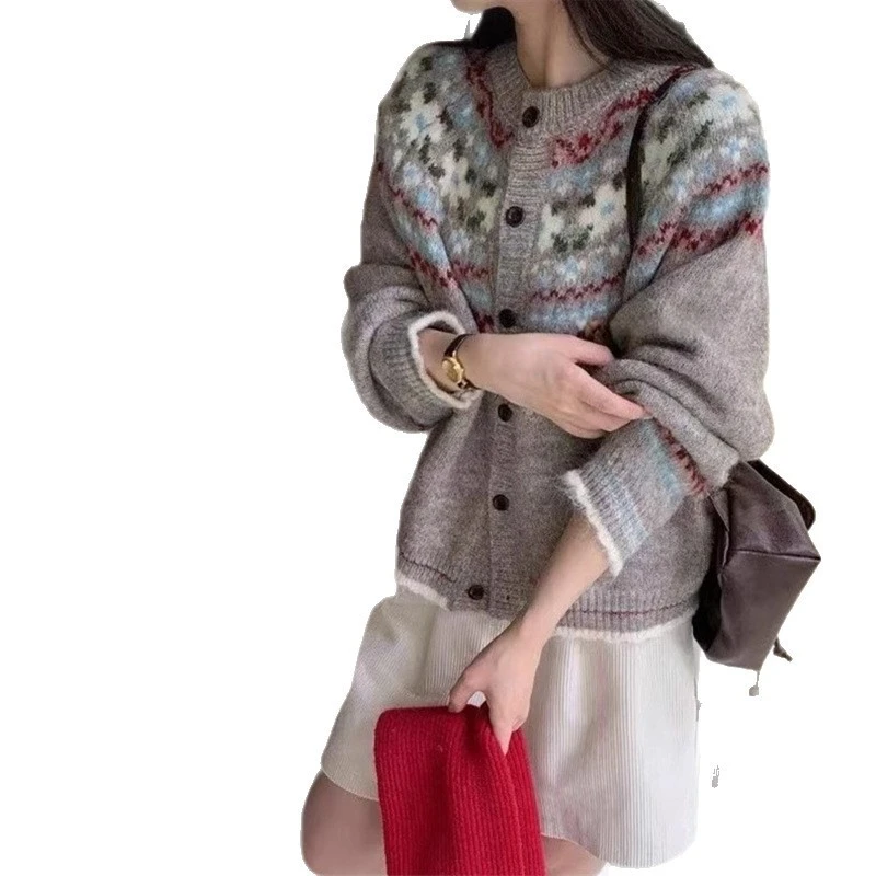 费尔岛提花宽松休闲毛衣外套女秋冬韩版撞色复古风针织开衫外穿
