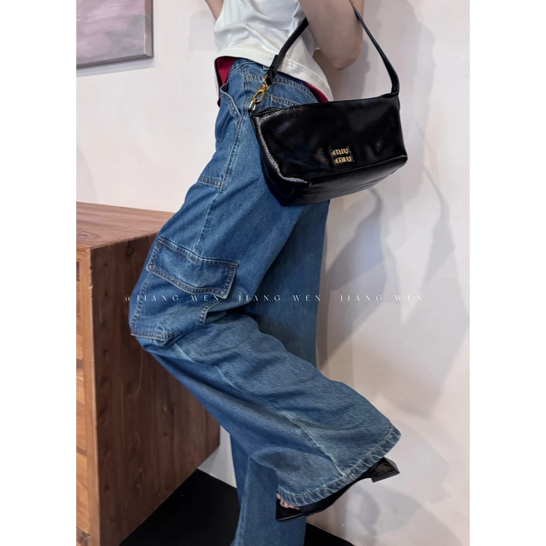 【私服工装裤】美式蓝色复古显瘦高腰工装阔腿牛仔裤