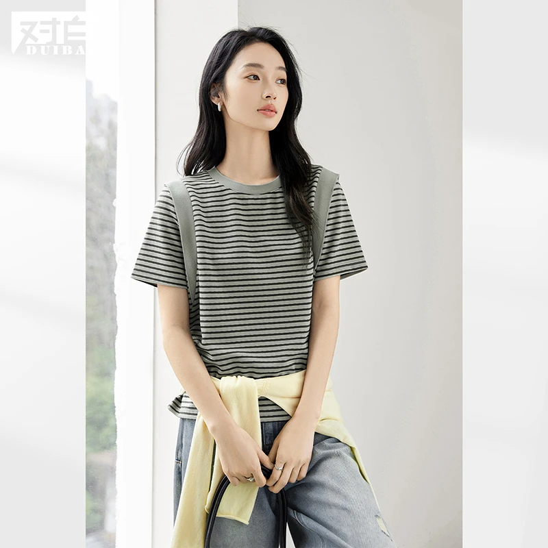 D01对白设计感撞色条纹短袖T恤正肩显瘦圆领上衣FDT069