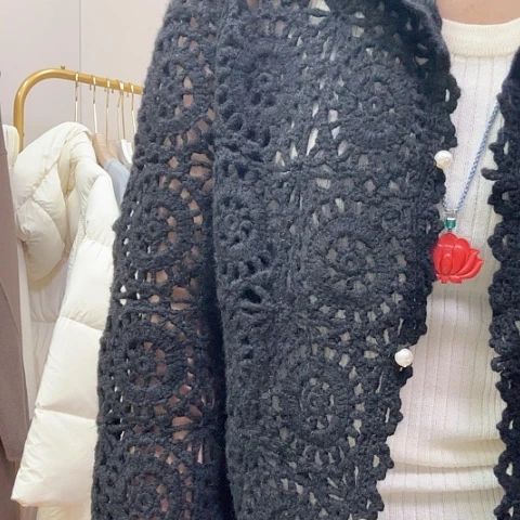 黑色手工钩花开衫外套123456