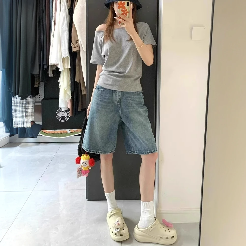 蓝色做旧牛仔五分短裤女夏季新款高腰宽松阔腿显瘦高个子直筒中裤