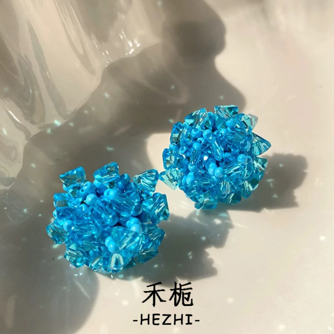 铜合金合成锆石耳饰 蓝色百搭植物花卉时尚小香风彩色奢华饰品