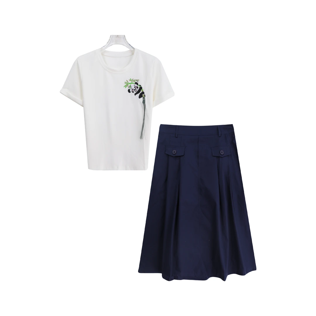 S圆领百搭短袖T恤简约气质半身裙套装A14674
