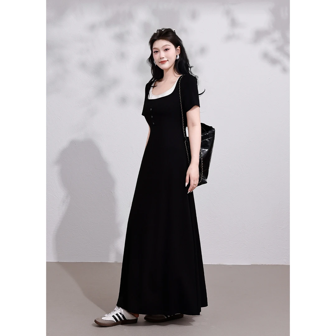LX【泡沫之夏】蛋妹大码女装微胖质感撞色拼接微A裙摆连衣裙DM26357